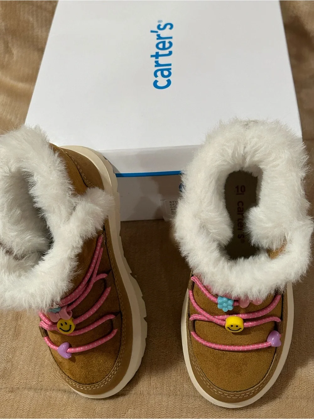 Carter's Brown Faux-Shearling Kids Boots with Pink Laces and Bead Charms